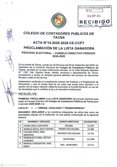 PROCLAMACIÓN DE LA LISTA GANADORA